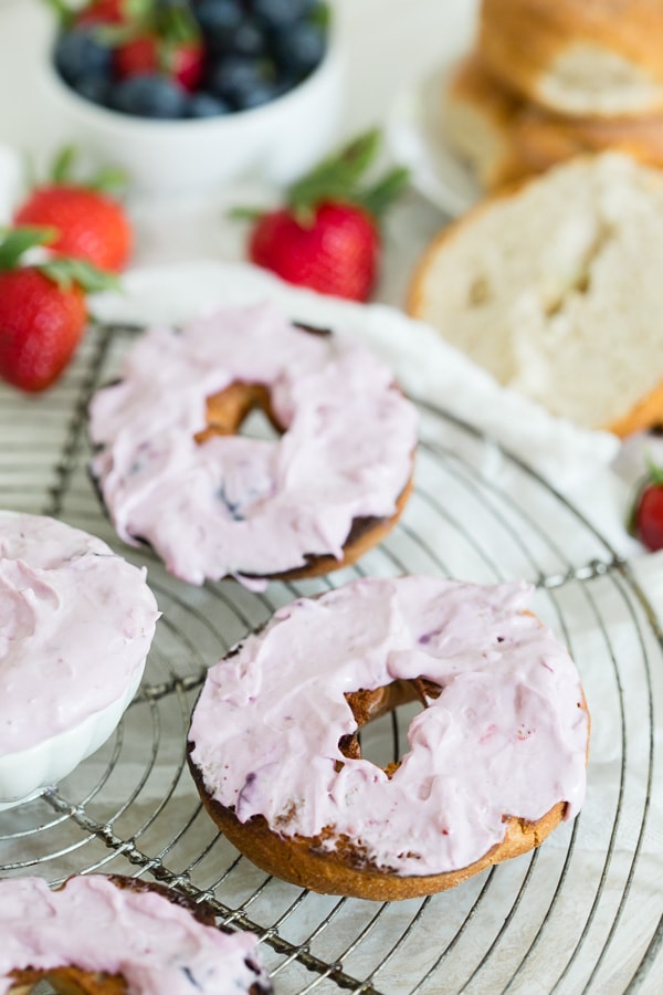 Berry Cream Cheese on a bagel. 