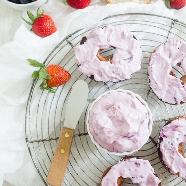 This roasted berry cream cheese spread is the perfect topping to your morning bagel or as a delicious fruit dip. Ready in under 30 minutes and packed full of sweet berry flavor. You'll want to spread this on everything!