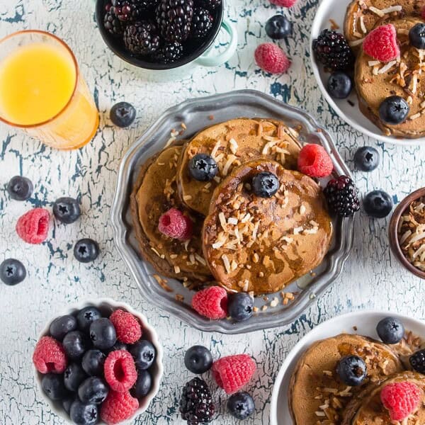 These toasted coconut espresso pancakes are lightly sweetened, filled with toasted coconut and topped with fresh berries and Truvia nectar. So simple to make and packed full of espresso flavor.