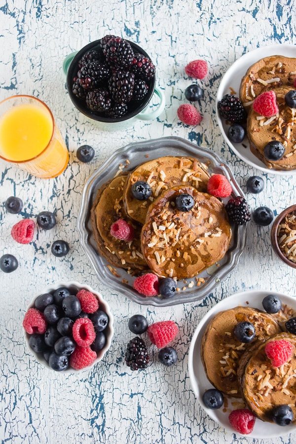 These toasted coconut espresso pancakes are lightly sweetened, filled with toasted coconut and topped with fresh berries and Truvia nectar. So simple to make and packed full of espresso flavor. 
