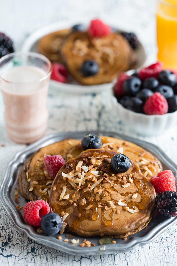 These toasted coconut espresso pancakes are lightly sweetened, filled with toasted coconut and topped with fresh berries and Truvia nectar. So simple to make and packed full of espresso flavor. 