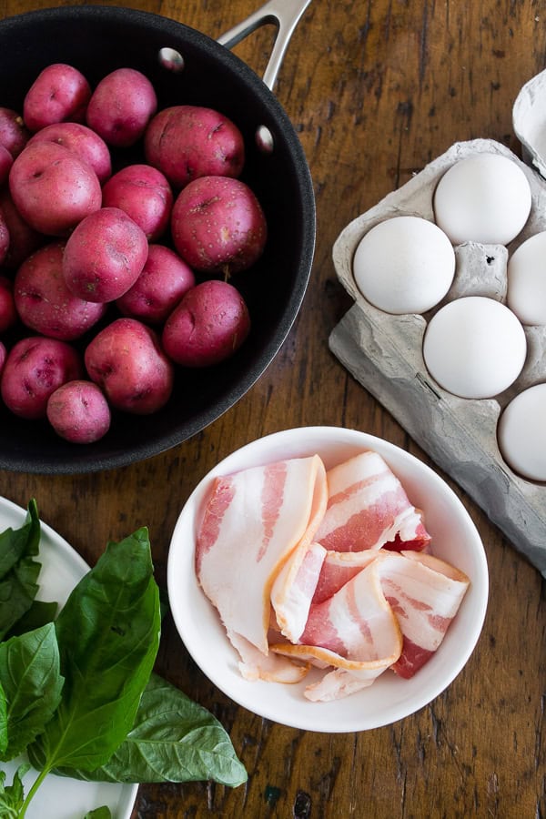 Basil Bacon Hash ingredients on a table. 