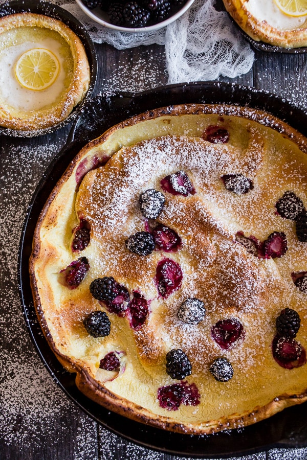 Blackberry Lemon Dutch Baby in a skillet.