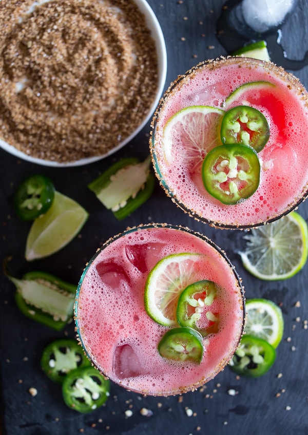 Jalapeno Watermelon Margarita on a serving tray. 