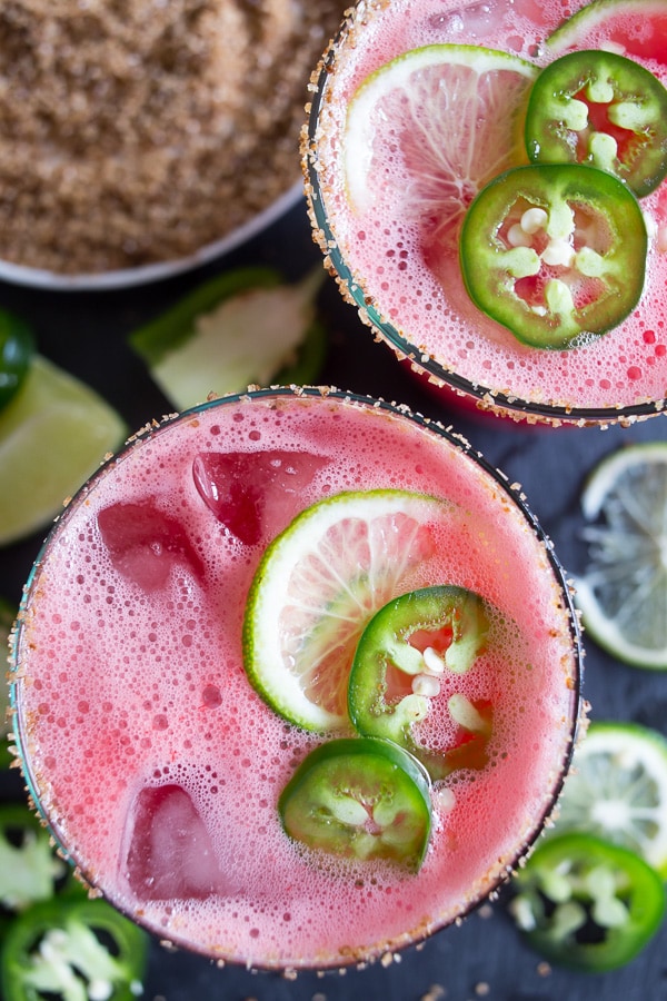 Jalapeno Watermelon Margarita served with a salted rim.