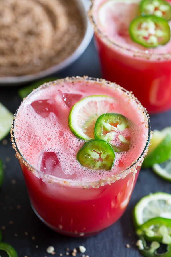 Jalapeno Watermelon Margarita topped with extra jalapeno. 