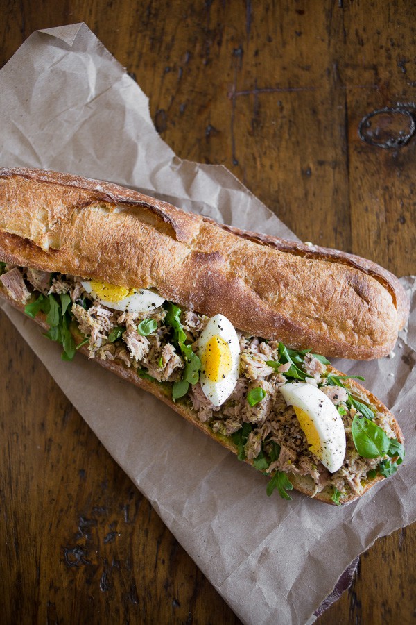 Pesto Tuna Baguette Sandwich topped with top of baguette. 