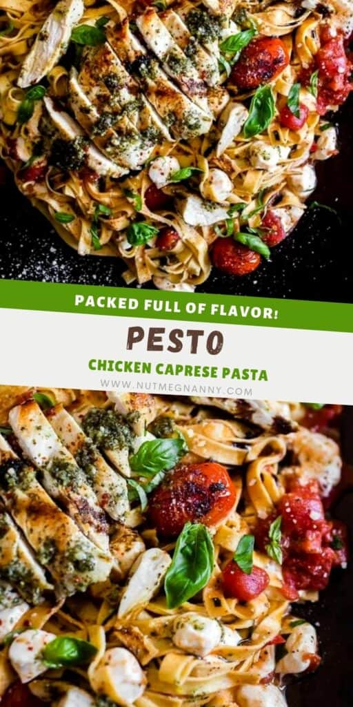 Pesto Chicken Caprese Pasta pin for Pinterest.