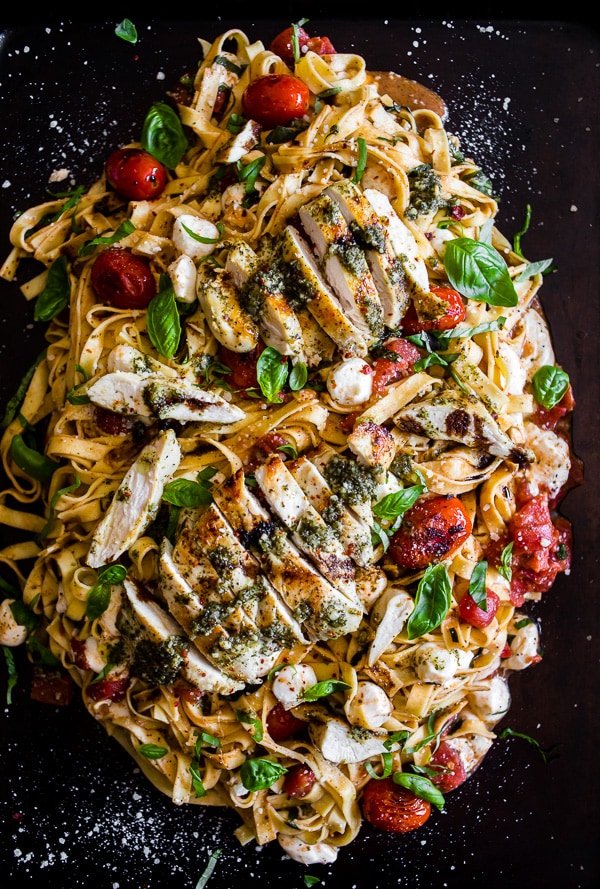 Pesto Chicken Caprese Pasta on a platter.