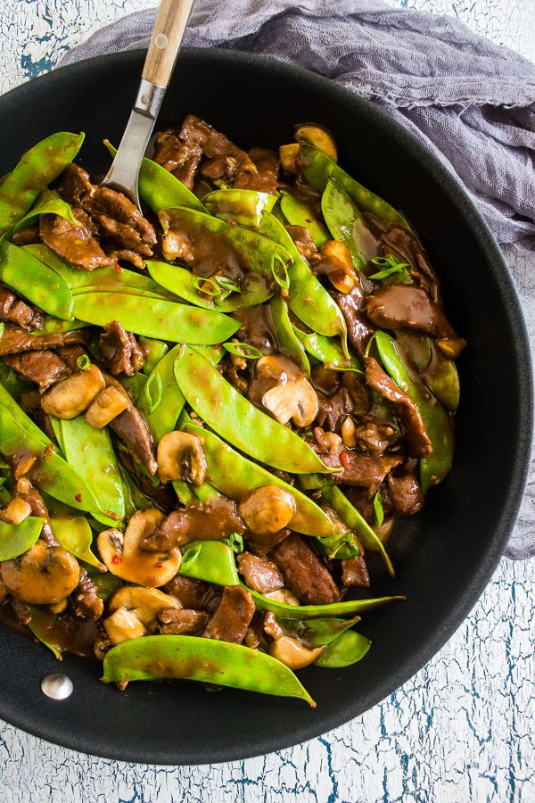 Beef Snow Pea Skillet in a skillet.