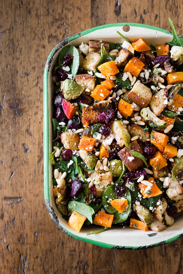 Fall Panzanella Salad in a large salad dish. 