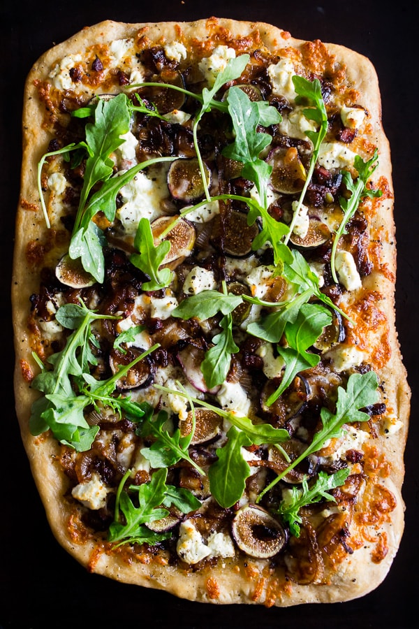 Fig Caramelized Onion Pizza on a sheet pan.