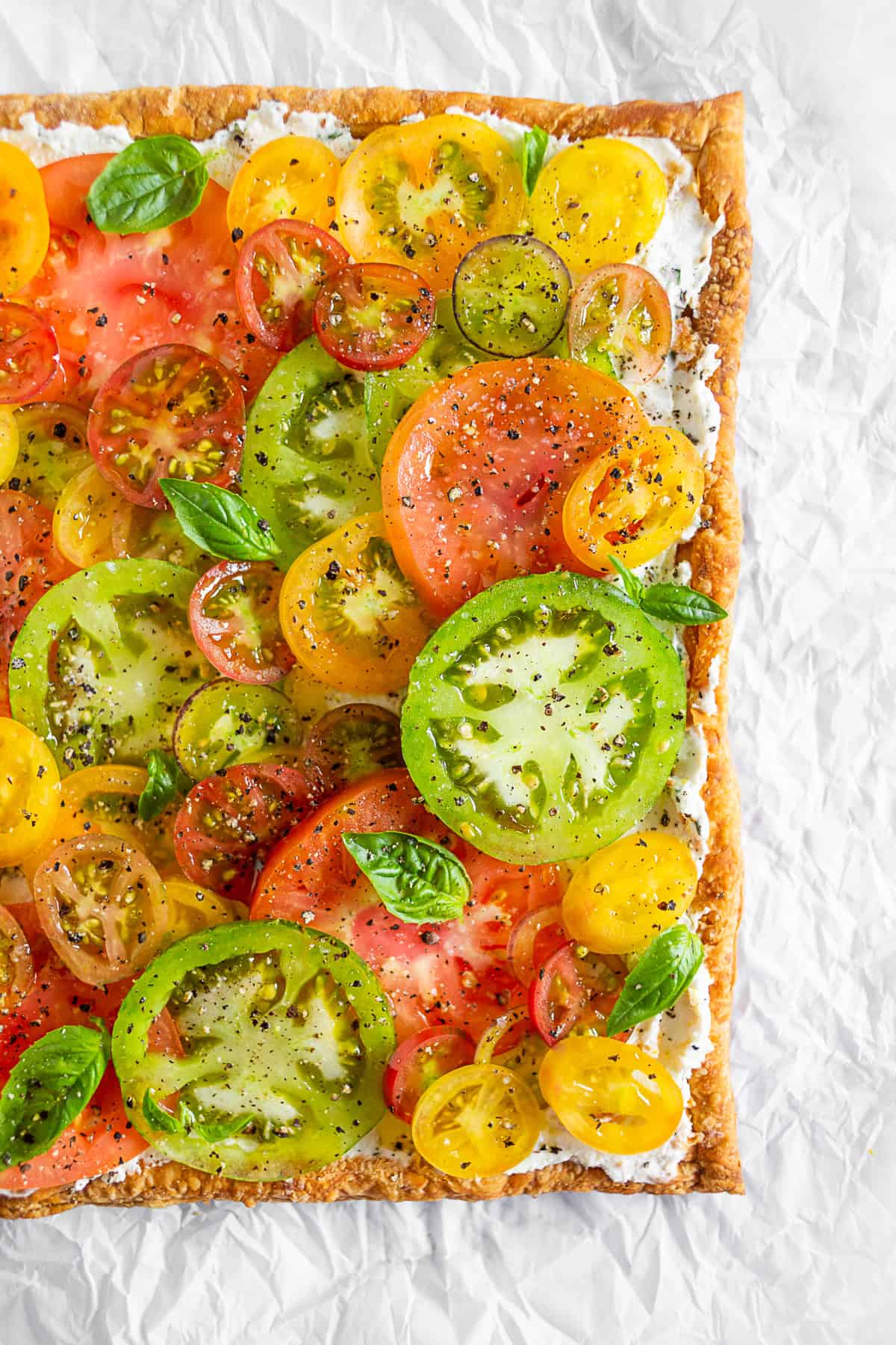 Heirloom Tomato Tart on puff pastry. 