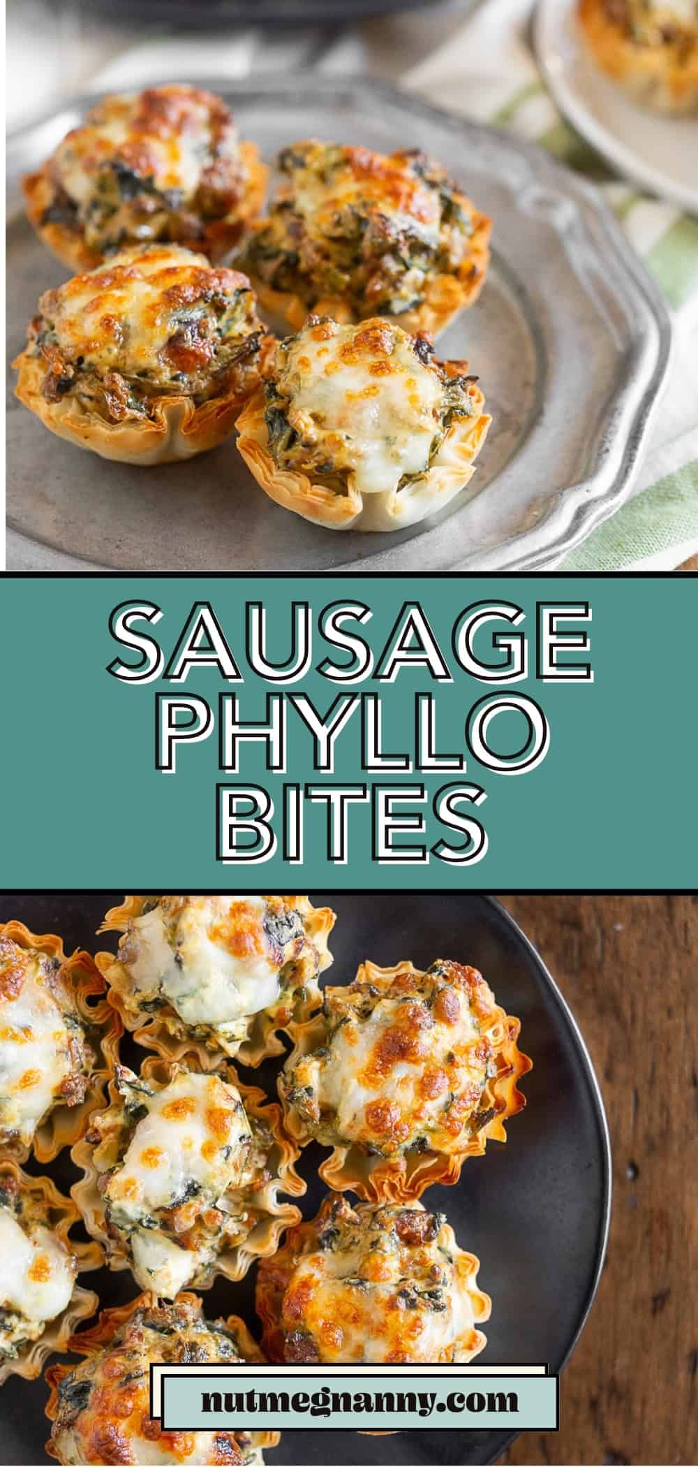 Sausage Spinach Mushroom Phyllo Bites pin for Pinterest.