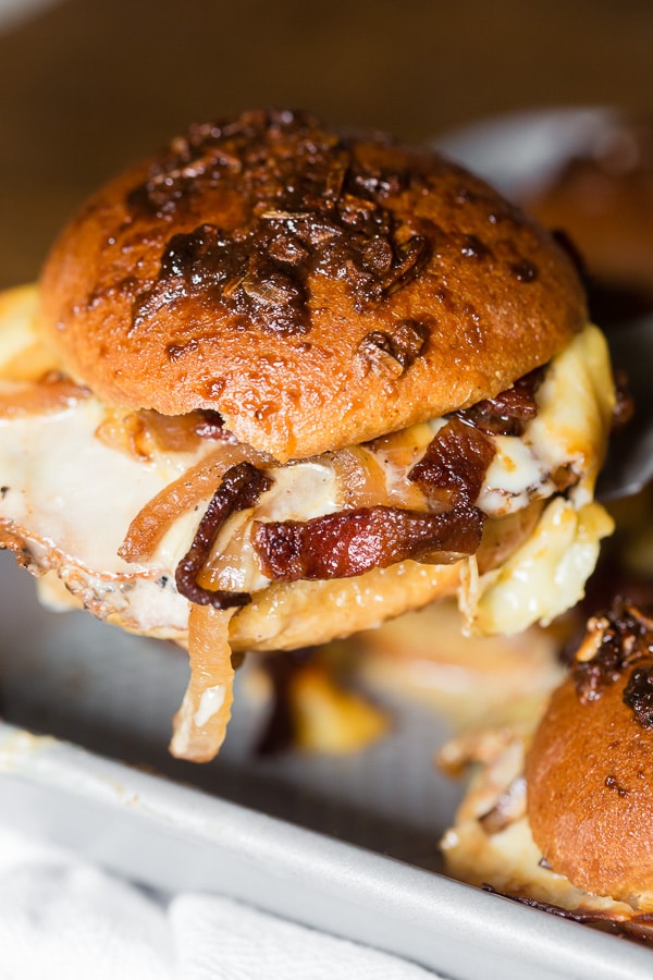 Baked Turkey Bacon Onion Sandwich being picked up by a spatula.
