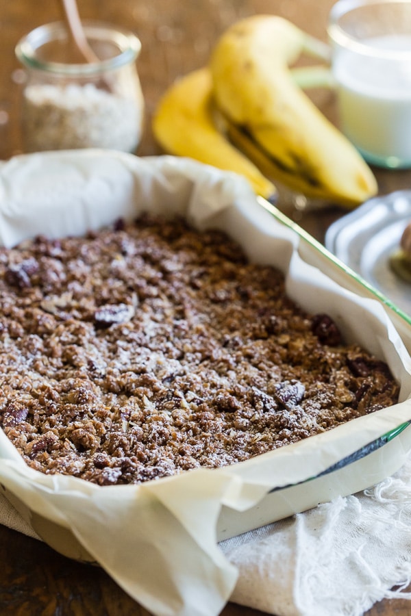 Banana Bread Crisp in a metal baking dish.