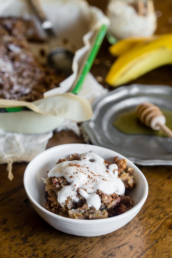 Banana Bread Crisp scooped in a small bowl.