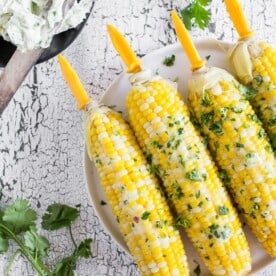 This beer steamed corn on the cob is slathered with homemade honey cilantro citrus butter. This side dish is crazy delicious and a perfect use for fresh from the farm corn or any fresh corn you hoarded during the summer and froze.