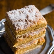 pumpkin churro cheesecake bars topped with sugar topping