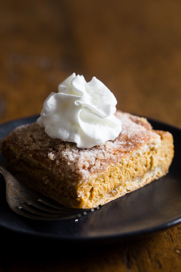 Pumpkin Churro Cheesecake Bars topped with whipped cream. 