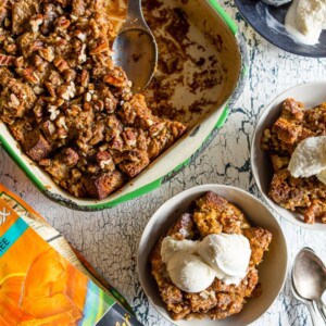 This pumpkin cream cheese bread pudding is not only gluten-free but it's packed full of fall flavor and perfect when served with a scoop of vanilla ice cream. Plus the pumpkin bread is soaked in a cream cheese mixture so you know it's bound to be delicious!