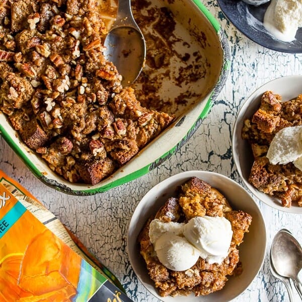 This pumpkin cream cheese bread pudding is not only gluten-free but it's packed full of fall flavor and perfect when served with a scoop of vanilla ice cream. Plus the pumpkin bread is soaked in a cream cheese mixture so you know it's bound to be delicious!