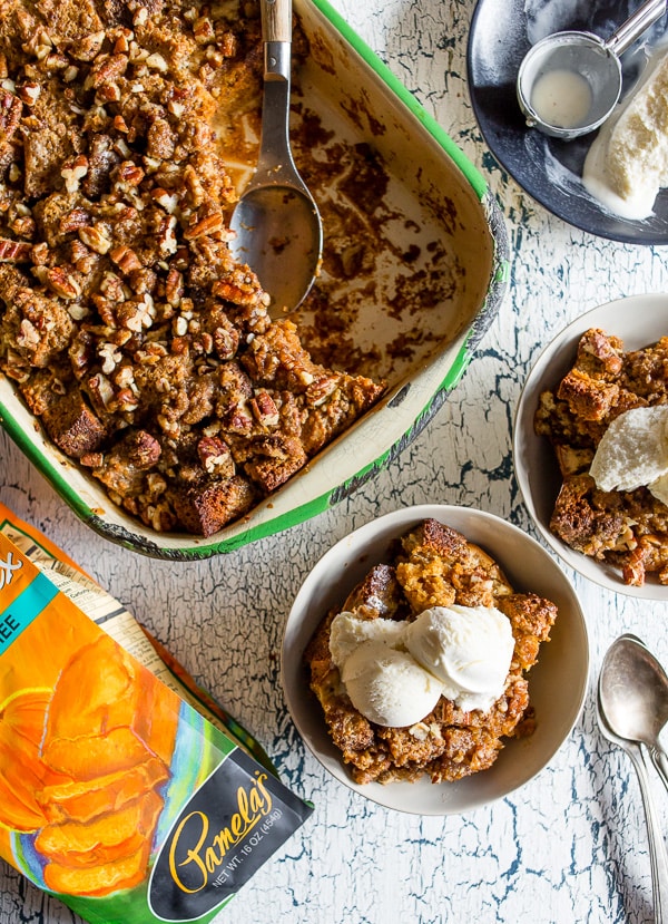 This pumpkin cream cheese bread pudding is not only gluten-free but it's packed full of fall flavor and perfect when served with a scoop of vanilla ice cream. Plus the pumpkin bread is soaked in a cream cheese mixture so you know it's bound to be delicious!
