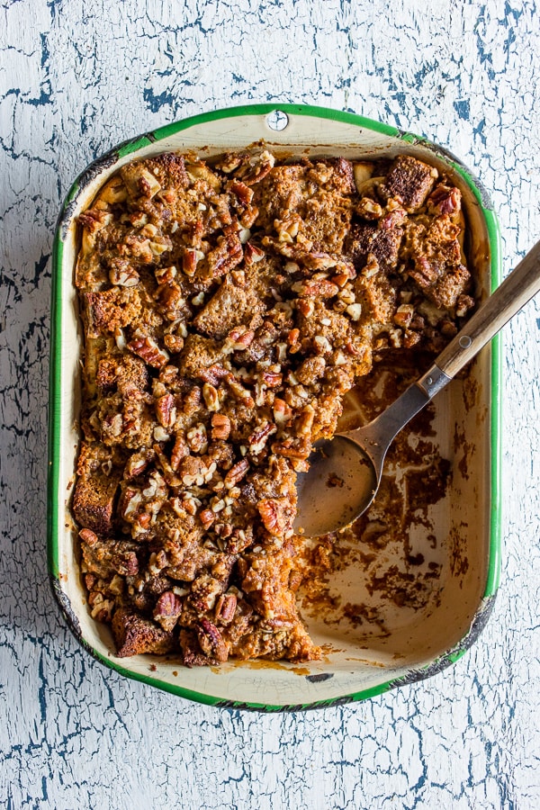 This pumpkin cream cheese bread pudding is not only gluten-free but it's packed full of fall flavor and perfect when served with a scoop of vanilla ice cream. Plus the pumpkin bread is soaked in a cream cheese mixture so you know it's bound to be delicious!