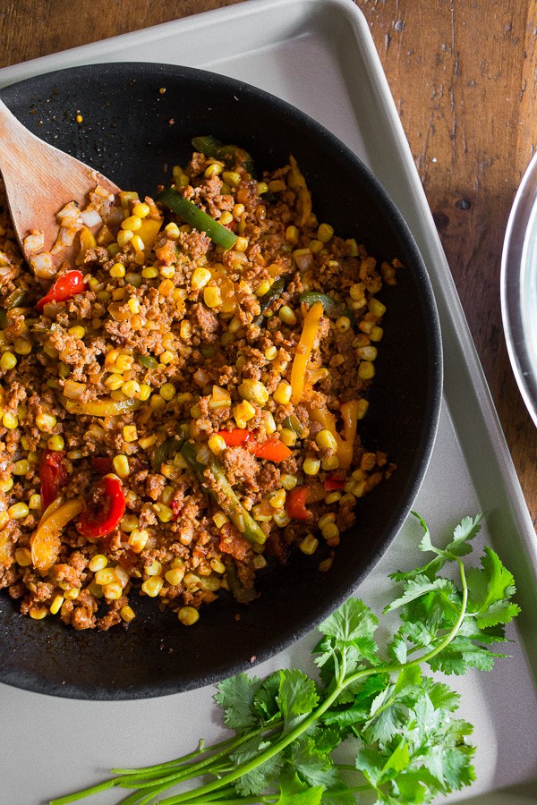 Filling for Chorizo Sheet Pan Stuffing in a skillet. 