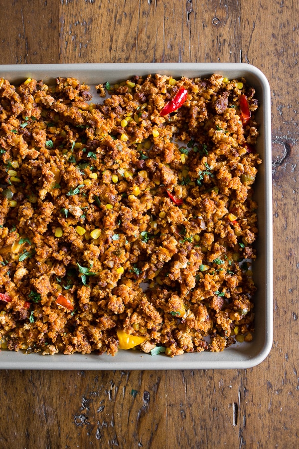 Chorizo Sheet Pan Stuffing on a sheet pan. 