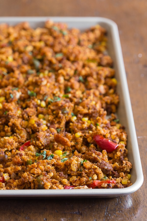 Chorizo Sheet Pan Stuffing sprinkled with cilantro. 