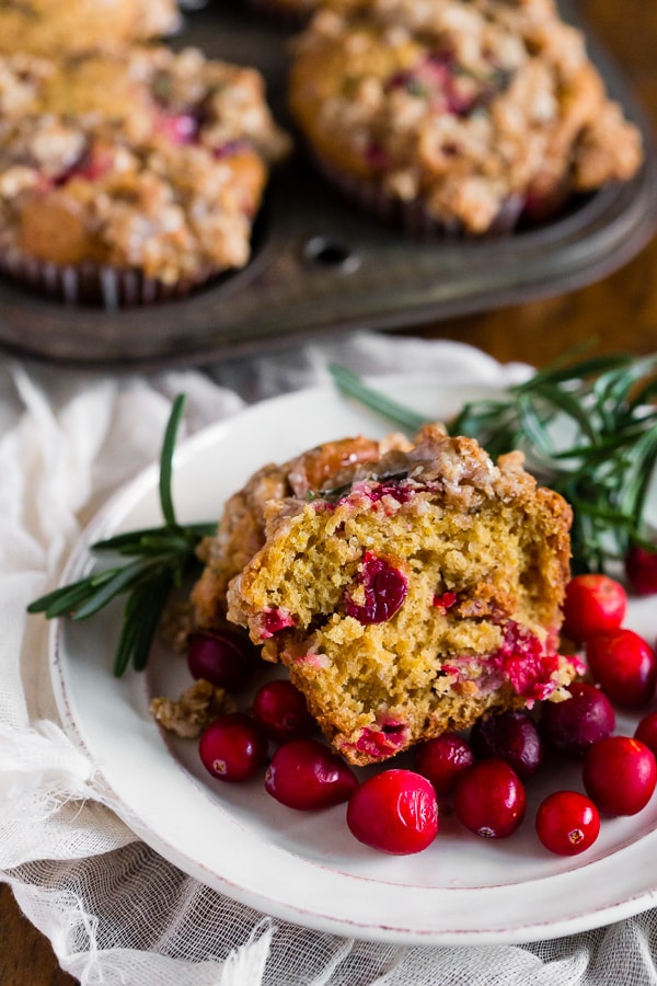 Cranberry Orange Rosemary Muffins cut in half. 