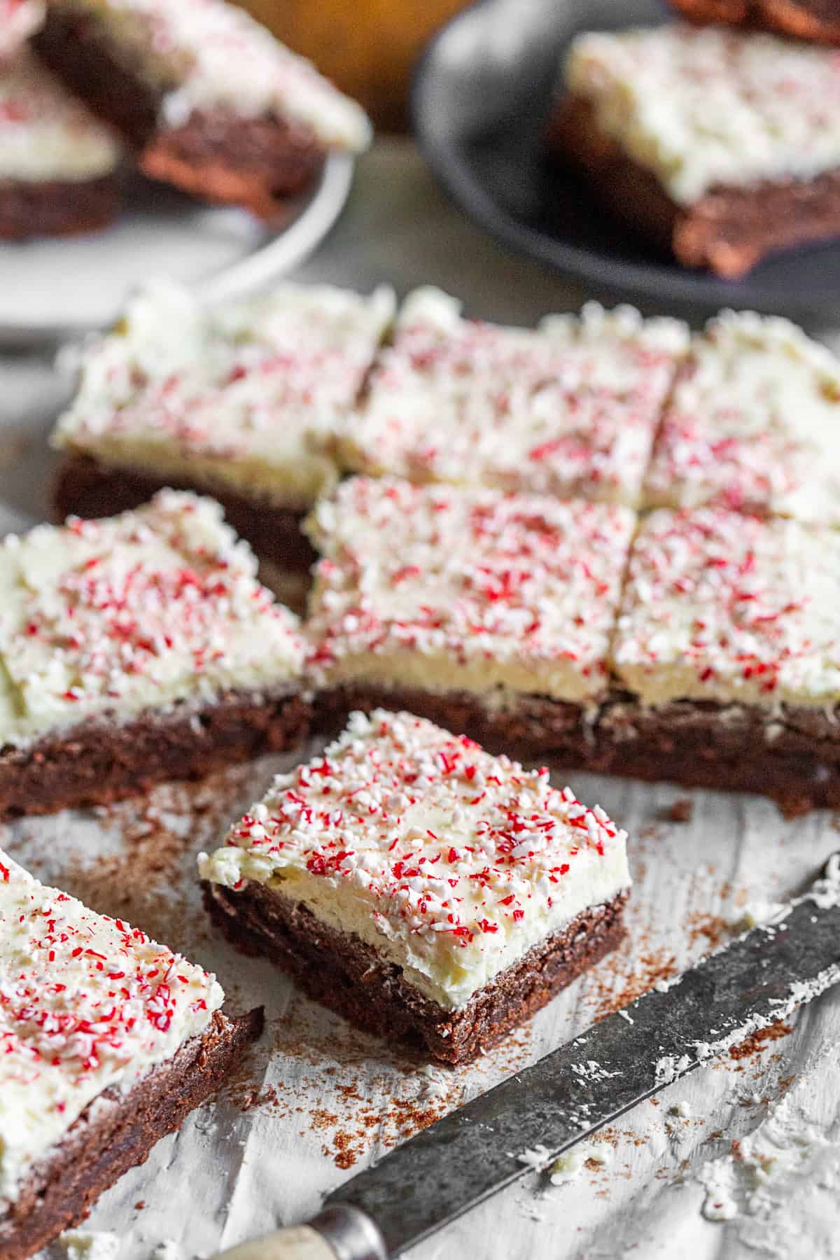 Easy Peppermint Brownies covered in fluffy frosting. 