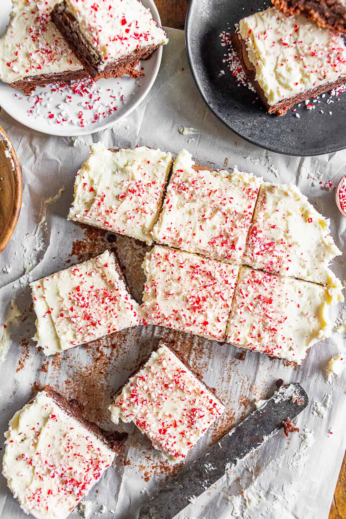 Easy Peppermint Brownies served on parchment paper. 