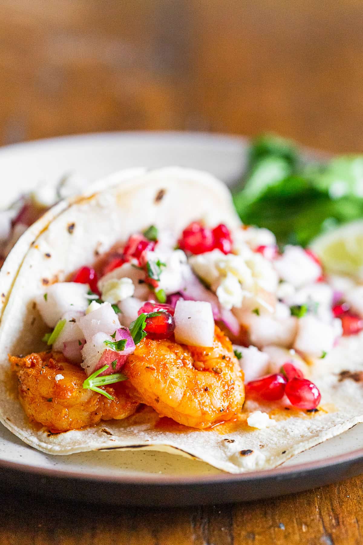 Shrimp Tacos topped with apple salsa.