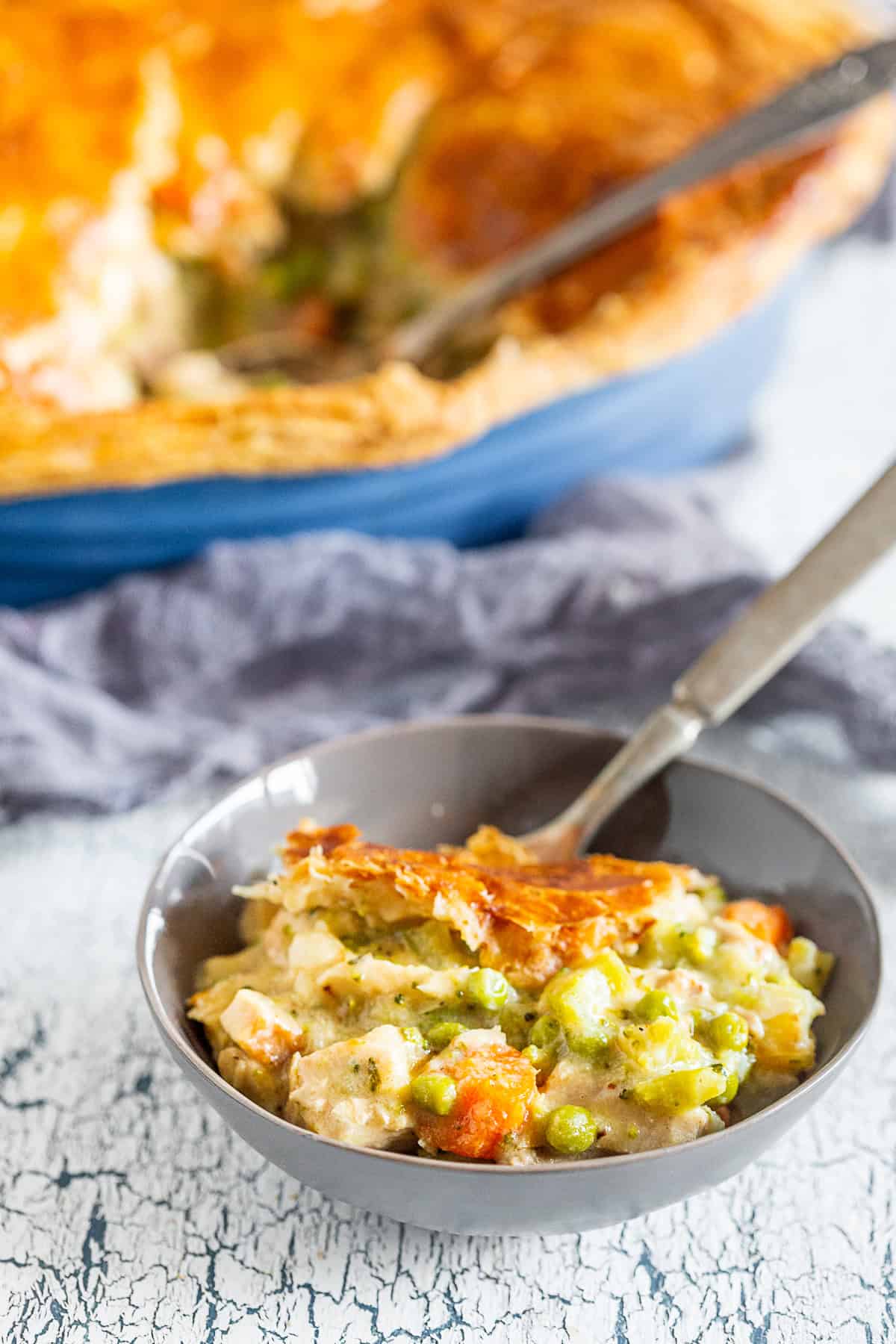 Puff Pastry Turkey Pot Pie scooped into a bowl. 