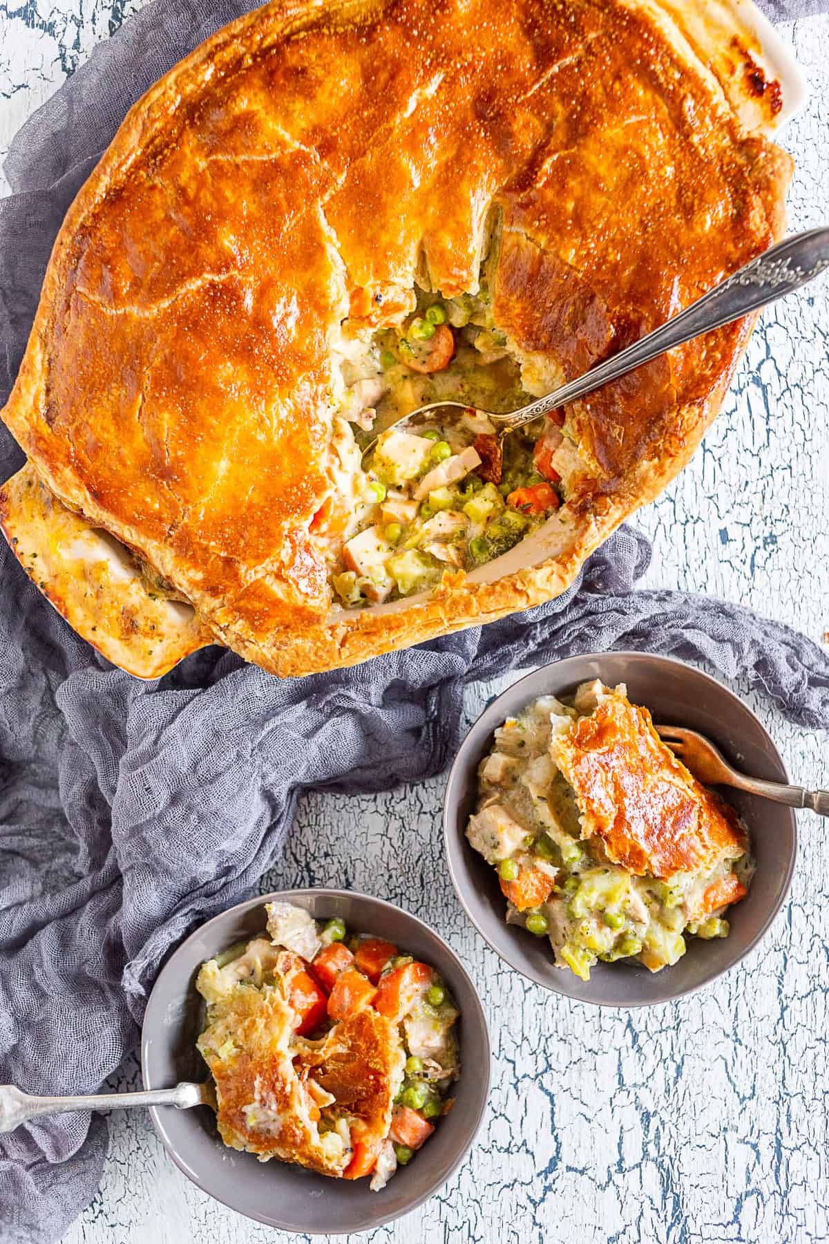 Puff Pastry Turkey Pot Pie in a casserole dish. 