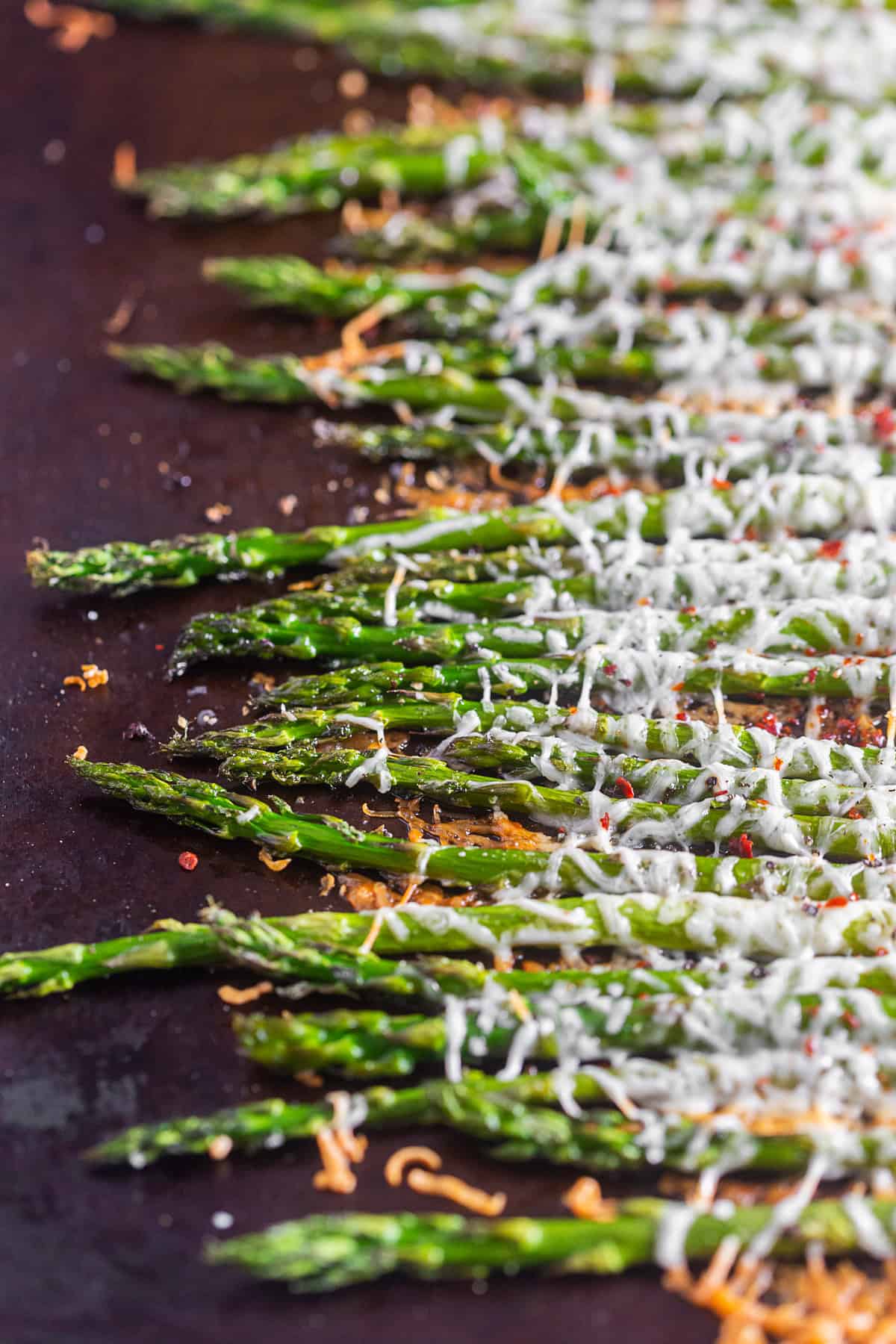 Parmesan Roasted Asparagus on a pan. 