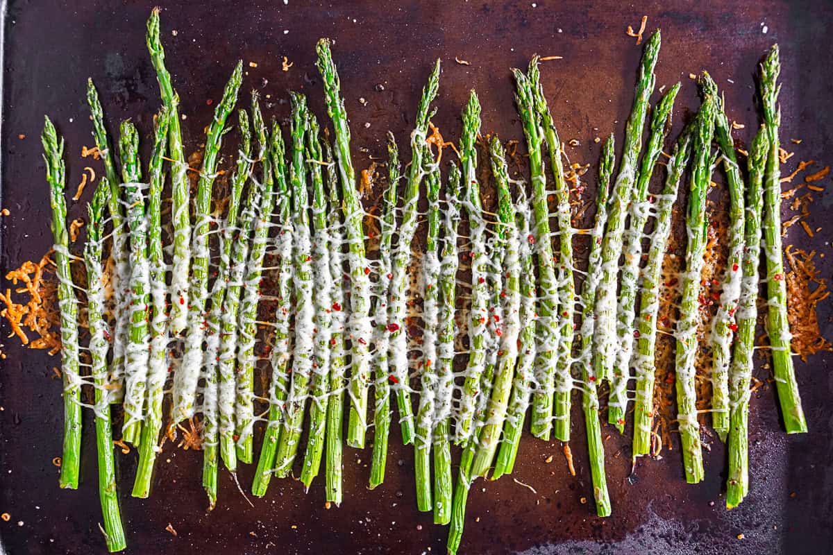 Parmesan Roasted Asparagus topped with crushed red pepper. 