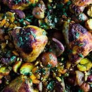 This sheet pan Moroccan chicken and potatoes is flavored with lots of Moroccan spices, dried apricots, golden raisins and a sprinkling of cilantro and pistachios. This dish is super simple to make and only requires 1 sheet pan and 45-50 minutes of roasting!