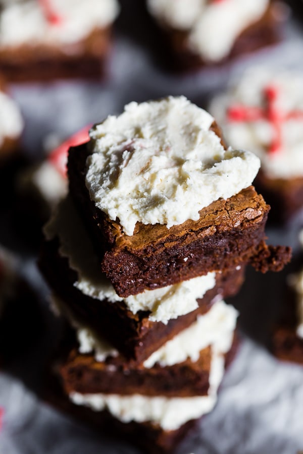 These espresso chocolate chip brownies are super fudgy and topped with a homemade fluffy vanilla bean buttercream. These are the type of brownies that will have you sneaking into the kitchen at midnight for a snack. Plus they are super simple to make!