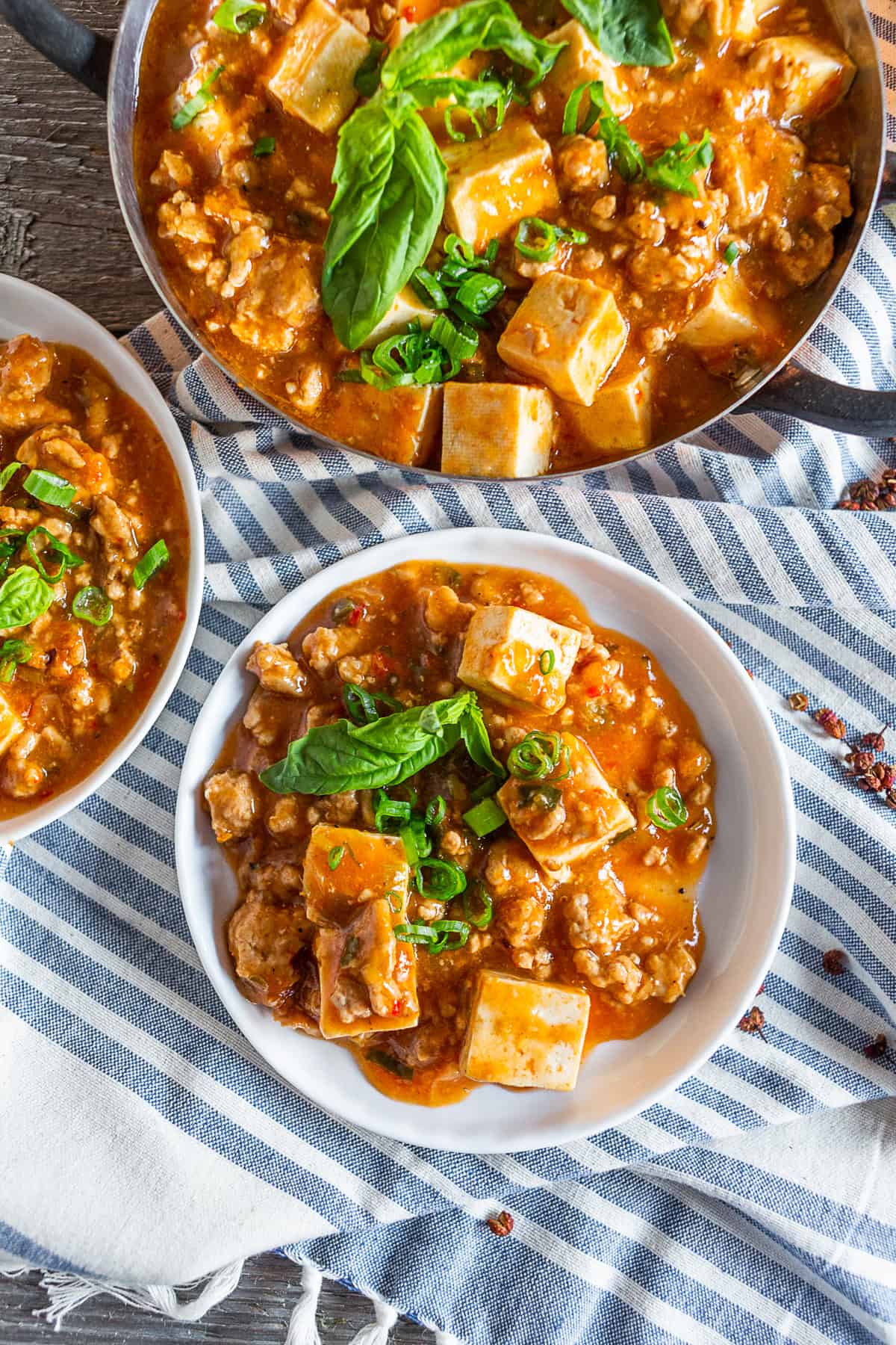 Ground Pork Mapo Tofu on a white plate. 