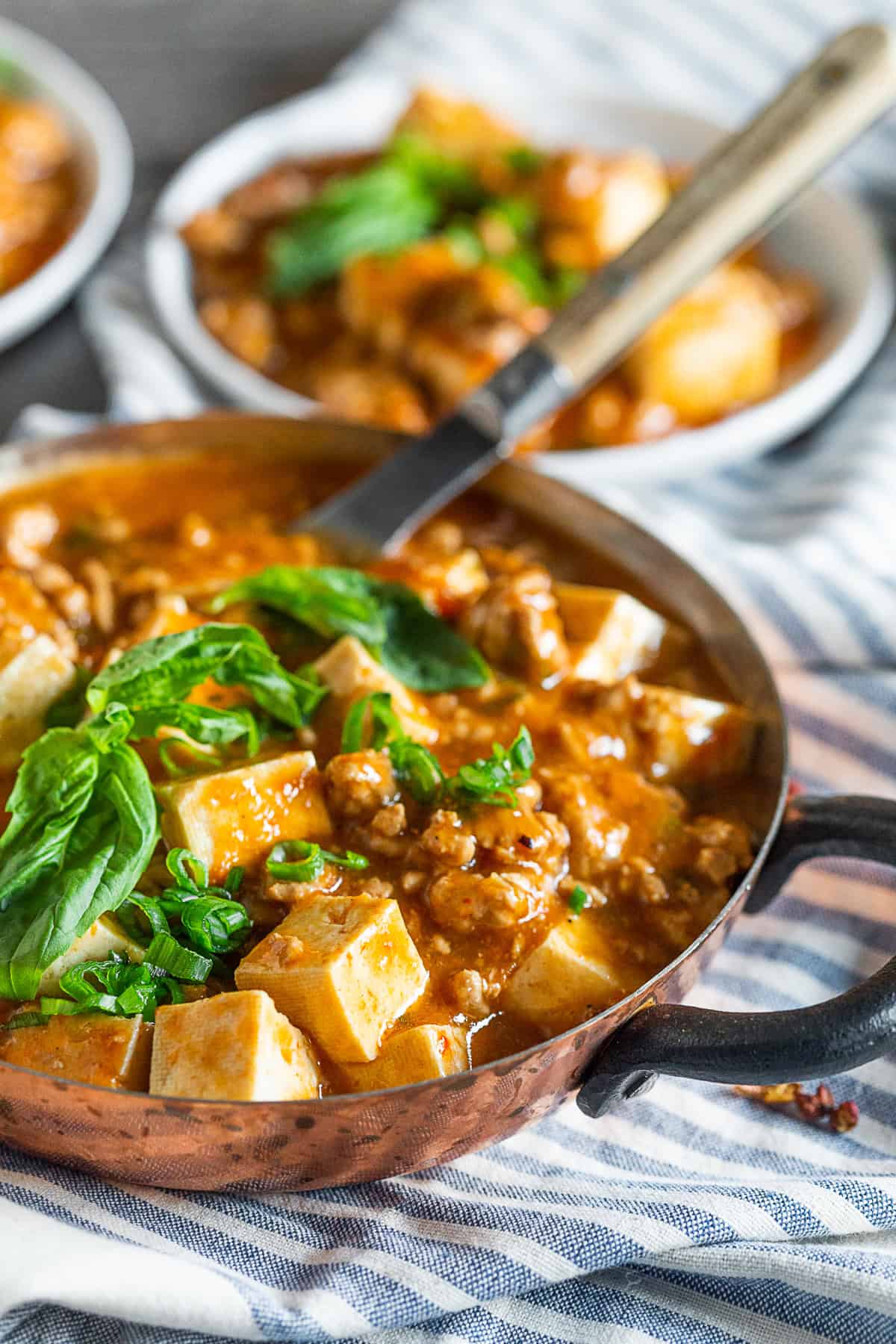 Ground Pork Mapo Tofu in a small copper serving bowl. 