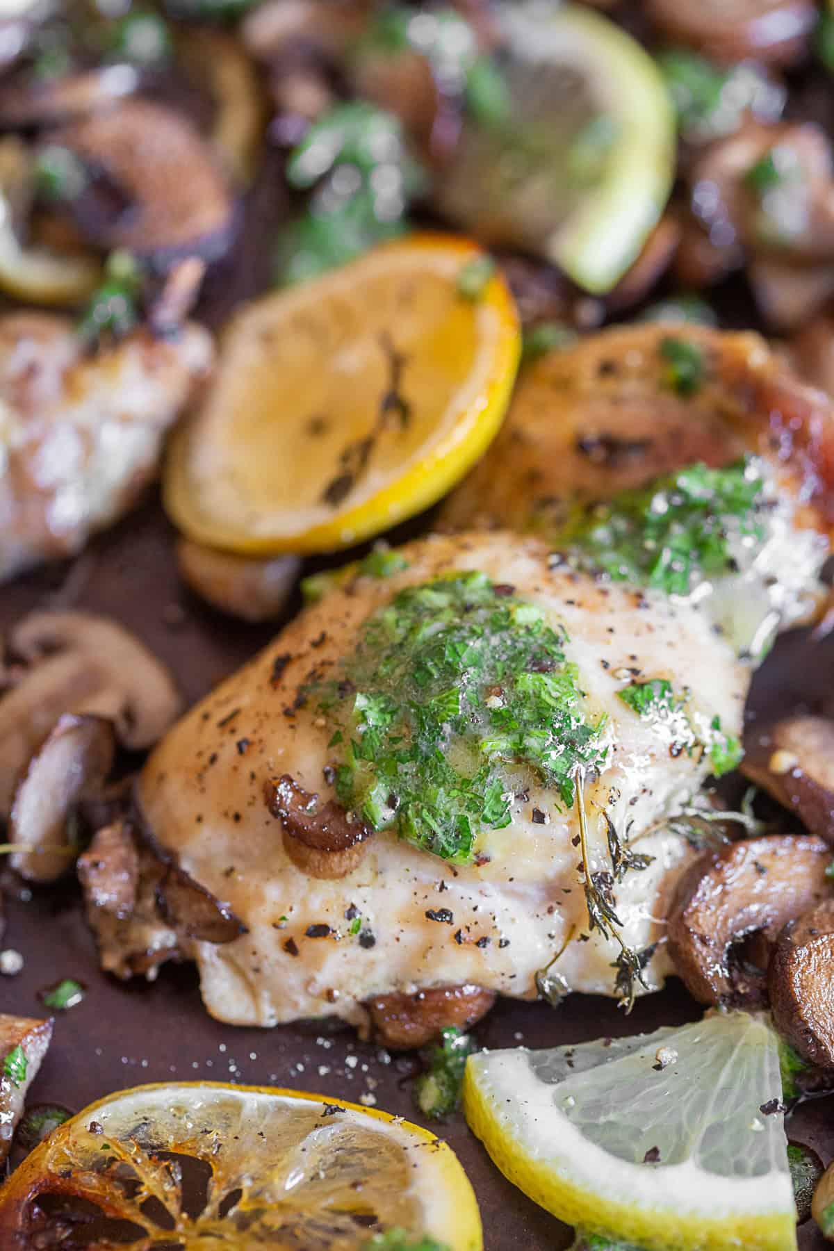 Sheet Pan Garlic Lemon Chicken served on the sheet pan.