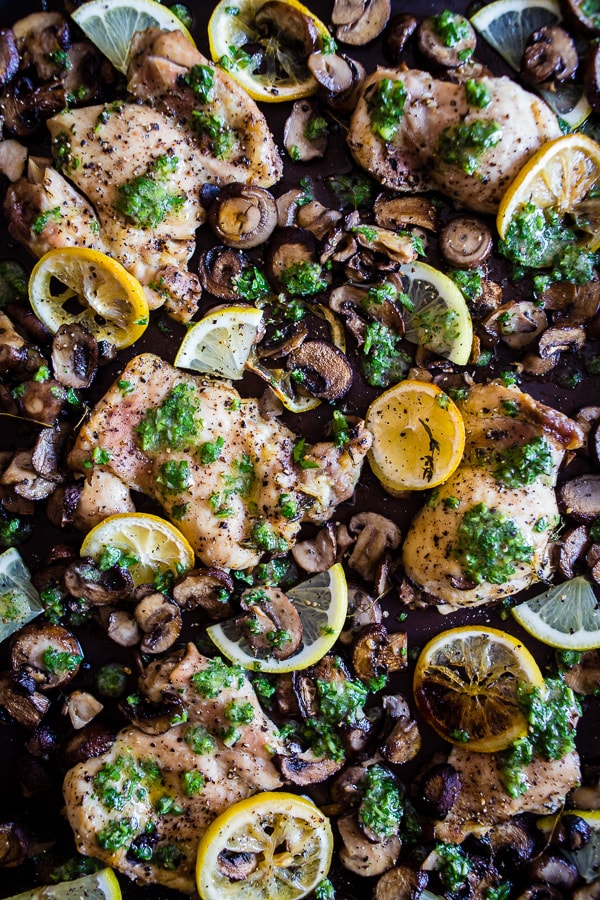 This sheet pan garlic lemon chicken and mushrooms is ready in under 45 minutes and made on just one pan. This baby is packed full of flavor and will be a HUGE hit with parents and children. Made with boneless skinless chicken thighs, baby portabella mushrooms, lemons and finally drizzled in a garlic parsley sauce. Trust me, you need to make this dish as soon as possible!
