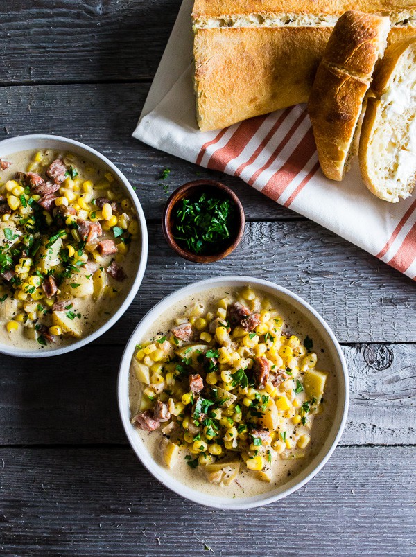 This andouille corn chowder is the perfect winter comfort food. Slightly spicy, full of flavor and a total crowd pleaser. Plus, it's ready in under an hour so you can make this delicious soup during the crazy weeknight dinner rush.