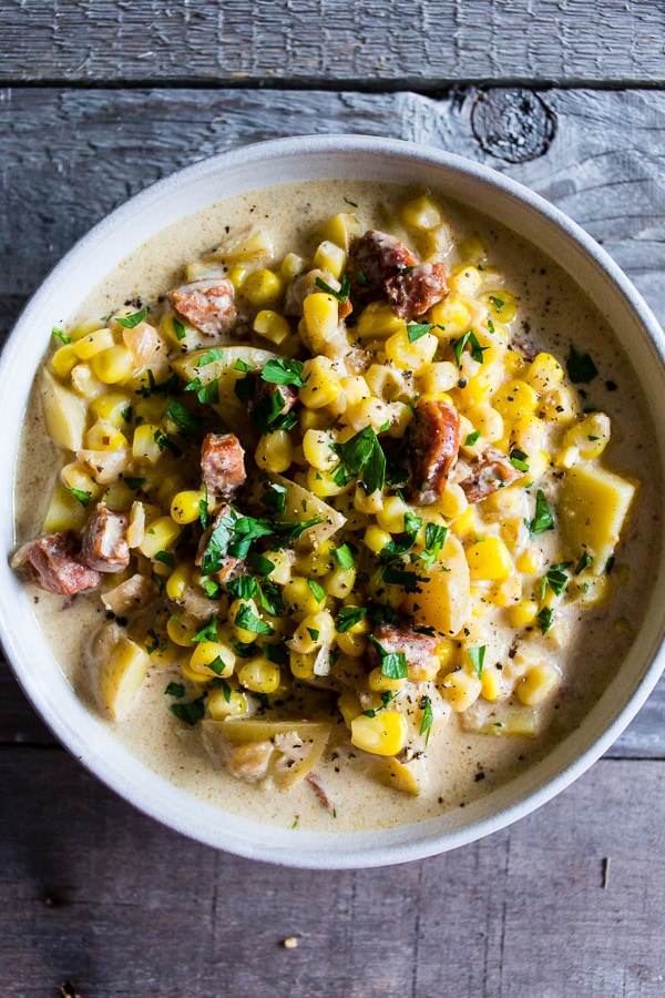 This andouille corn chowder is the perfect winter comfort food. Slightly spicy, full of flavor and a total crowd pleaser. Plus, it's ready in under an hour so you can make this delicious soup during the crazy weeknight dinner rush.