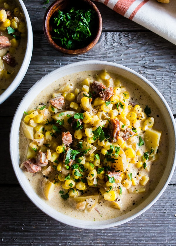 This andouille corn chowder is the perfect winter comfort food. Slightly spicy, full of flavor and a total crowd pleaser. Plus, it's ready in under an hour so you can make this delicious soup during the crazy weeknight dinner rush.