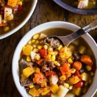This Chilean carbonada soup is a classic dish found in Chile. It's pure comfort in the form of beef, corn, potatoes, pumpkin and carrots. It's easy to make and feels like comfort in a bowl. Plus, it's perfect for cool spring nights.