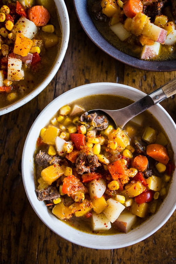 Chilean Carbonada Soup in a bowl. 